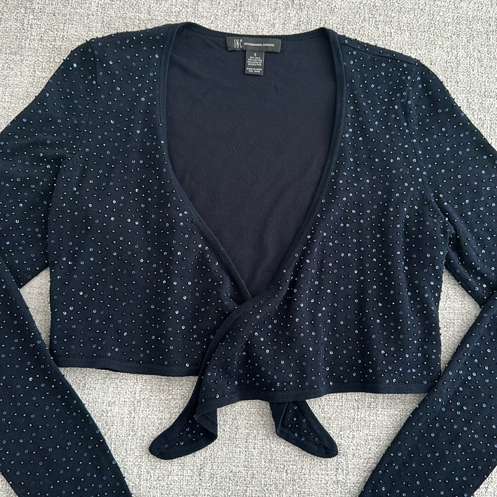 INC navy beaded cropped cardigan shrug silk blend sweater S